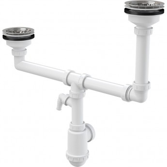Сифон ALCAPLAST A454P для сдвоенной мойки, с нержавеющими решетками Ø115 и подводкой