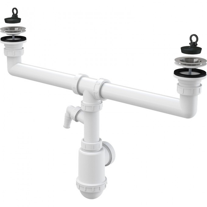 Сифон ALCAPLAST для сдвоенной мойки, с нержавеющими решетками Ø70, с подводкой A449P-DN50/40 Сифон ALCAPLAST для сдвоенной мойки, с нержавеющими решетками Ø70, с подводкой A449P-DN50/40